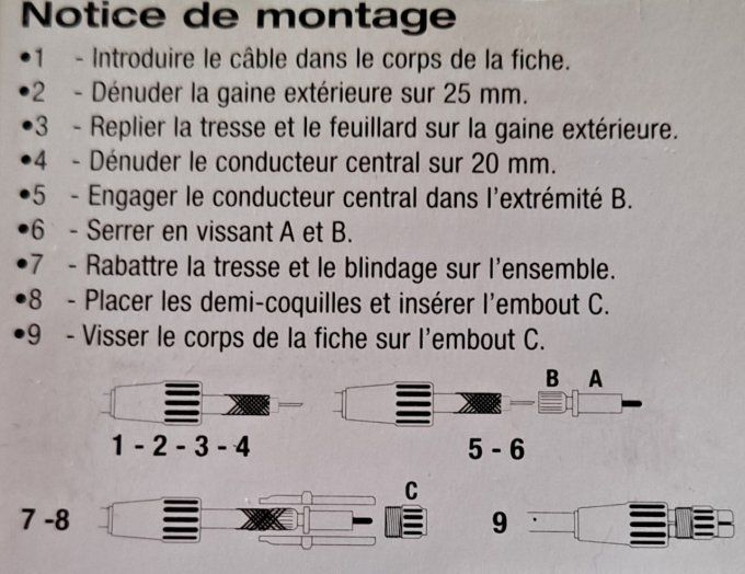 2 fiches coaxiales 1 fiche mâle 9,52 mm + 1 fiche femelle 9.52 mm